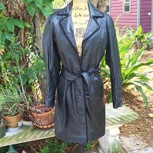 Esprit black leather tie waisted trench coat. Size L but runs small.